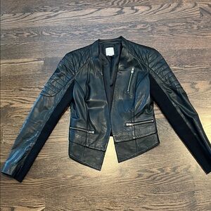 Halogen Black Leather Jacket with Quilted Shoulders